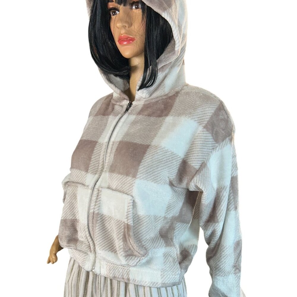 Pink Rose Womens Plush Front Zip Sleep Hoodie Size S Buffalo Check‎ Lounge